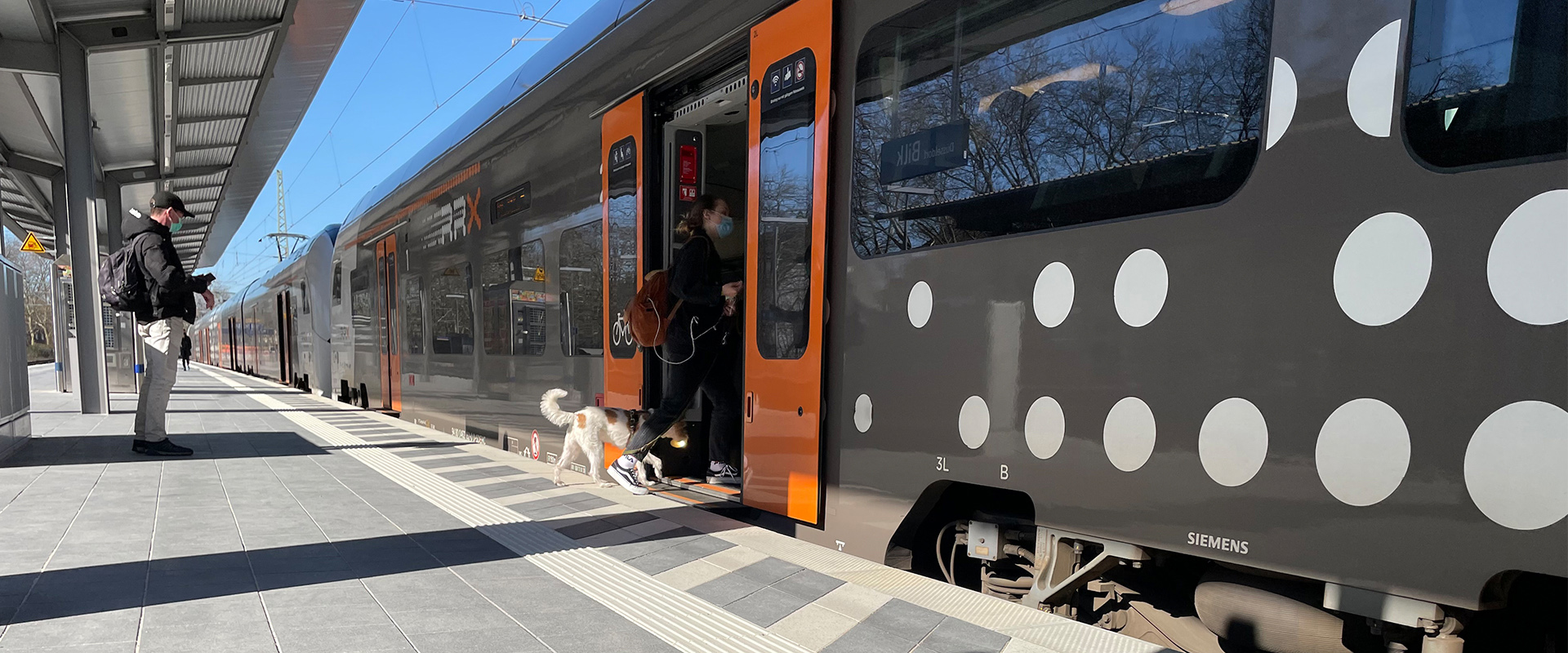 Der RRX hält am Bahnsteig in Düsseldorf-Bilk. Eine Frau mit Hund steigt in den Zug ein.