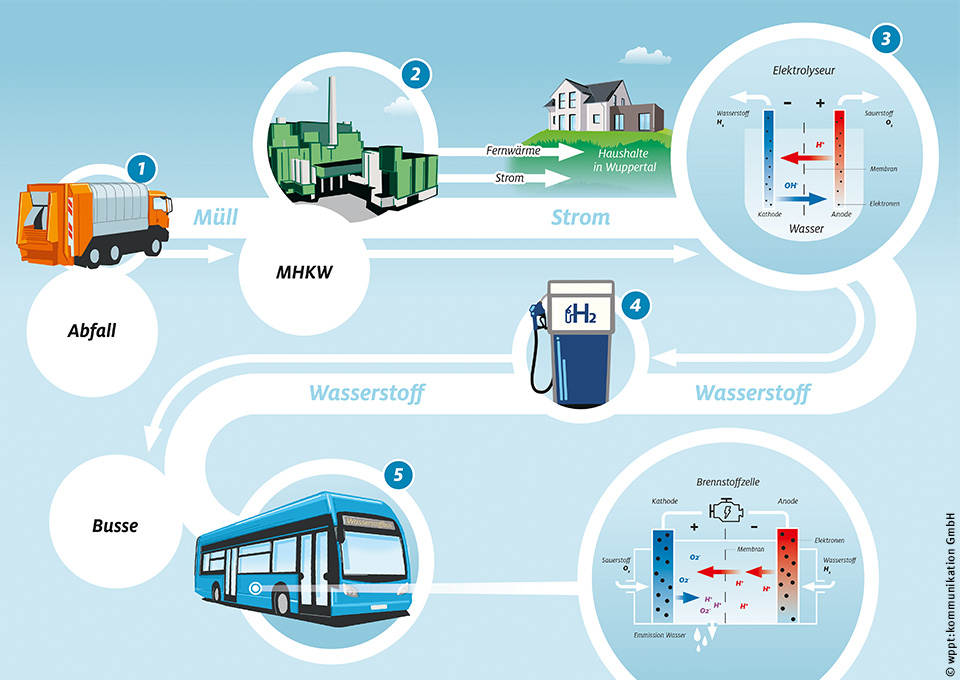 Eine Grafik zeigt den Prozess wie Abfall über das Müllheizkraftwerk zu Strom und dann zu Wasserstoff verarbeitet wird, mit dem dann die WSW-Busse getankt werden.