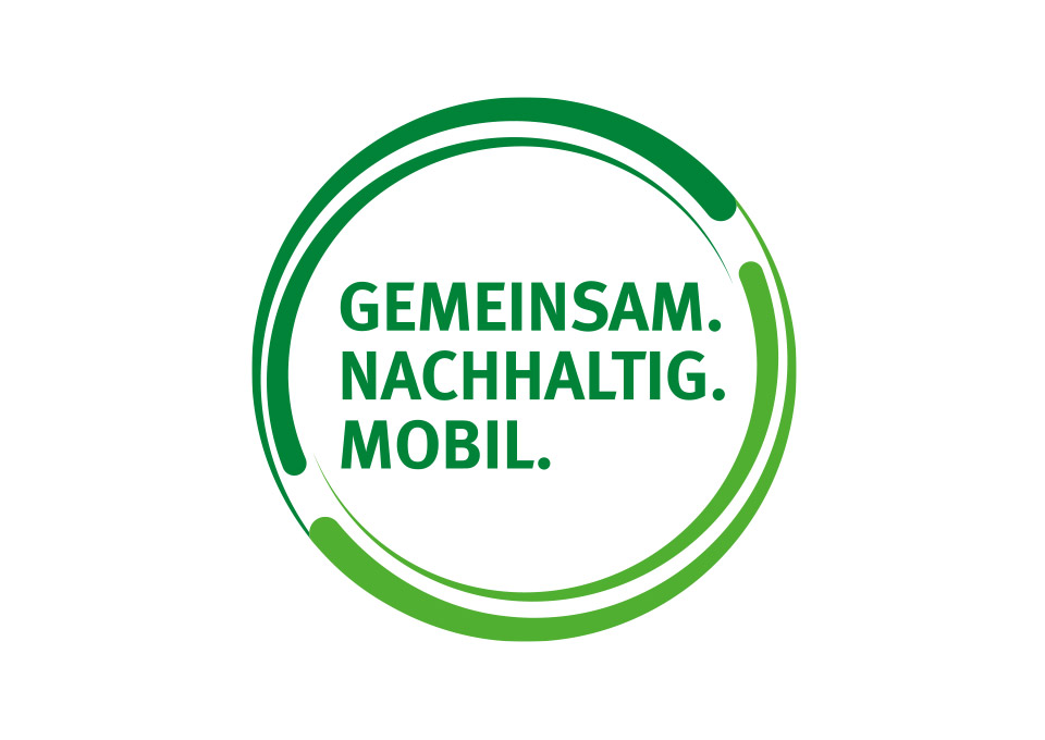 Das kreisförmige Signet "Gemeinsam. Nachhaltig. Mobil." in grün auf weißem Hintergrund