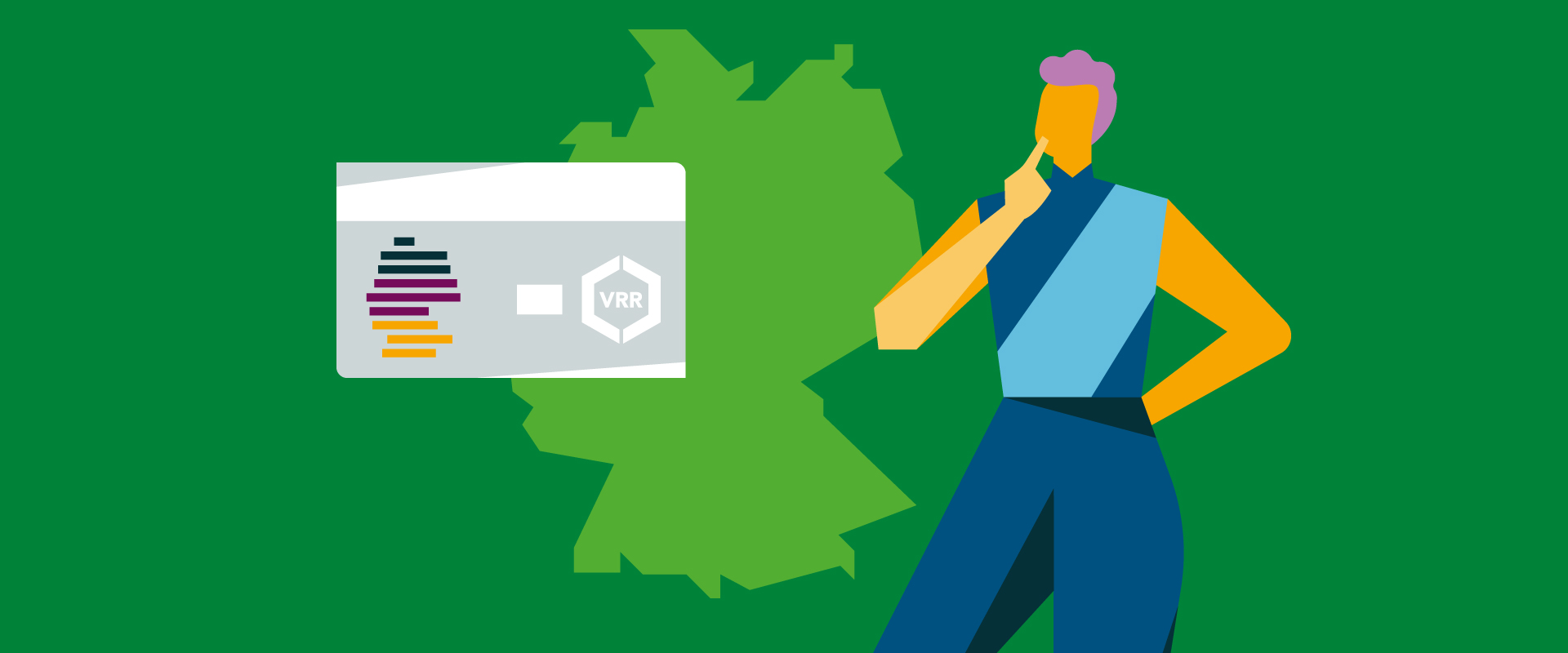 Illustration eines DeutschlandTickets und einer Person vor einer stilisierten Deutschlandkarte