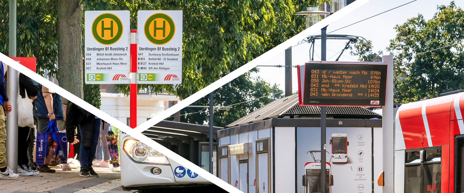 Collage mit Bildern von Haltestellen, zu sehen sind Schilder, Fahrgäste, Busse und Fahrgastinformationsanlagen