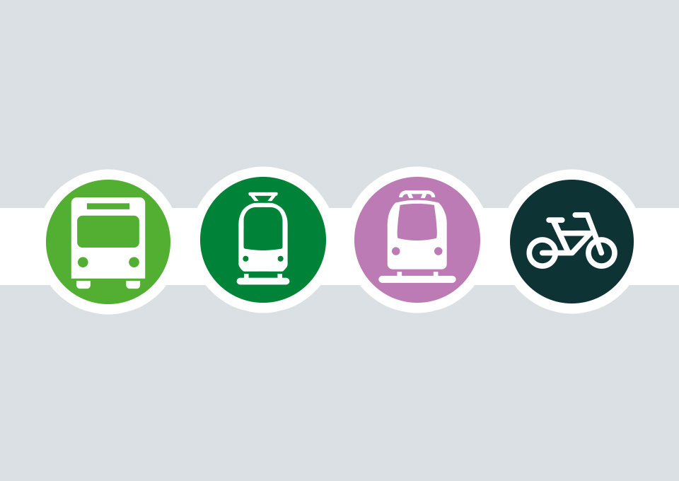 Piktogramme von Bus, Stadt- und Straßenbahn, Zug und Fahrrad