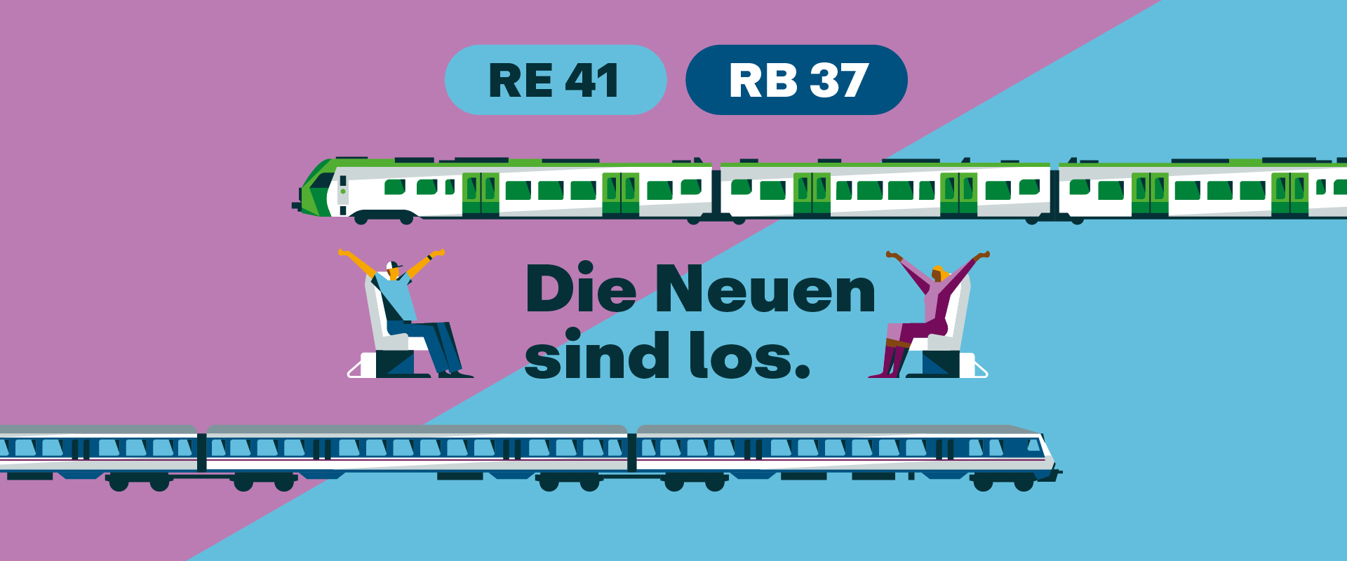 Illustration mit RE 41 und RB 37, zwei Zügen und sitzenden Fahrgästen, die die Hände in die Luft strecken, in der Mitte der Schriftzug "Die Neuen sind los"