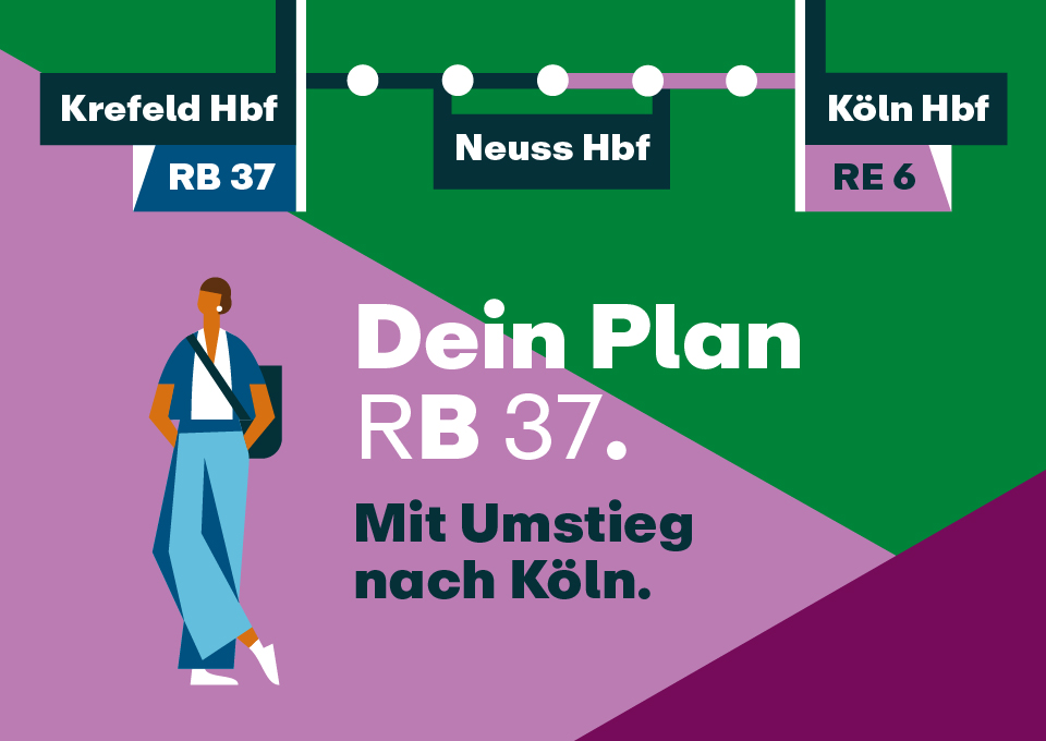 Illustration RB 37: Linienverlauf Krefeld Hbf, Neuss Hbf, Köln Hbf, Person mit Tasche und Schriftzug: Dein Plan RB37. Mit Umstieg nach Köln.