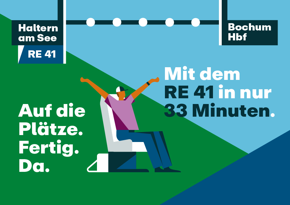 Illustration RB 41: Linienverlauf zwischen Haltern am See und Bochum Hbf, sitzende Person, die die Hände in die Luft streckt, Schriftzug "Auf die Plätze. Fertig. Da. Mit dem RE 41 in nur 33 Minuten."