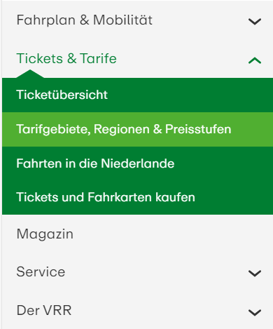 Die Tickets & Tarife Menü Leiste auf vrr.de