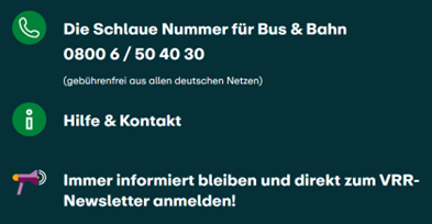 Der Abbinder auf vrr.de mit Schlauer Nummer und Hilfe und Kontakt sowie Newsletter-Link zur Anmeldung 