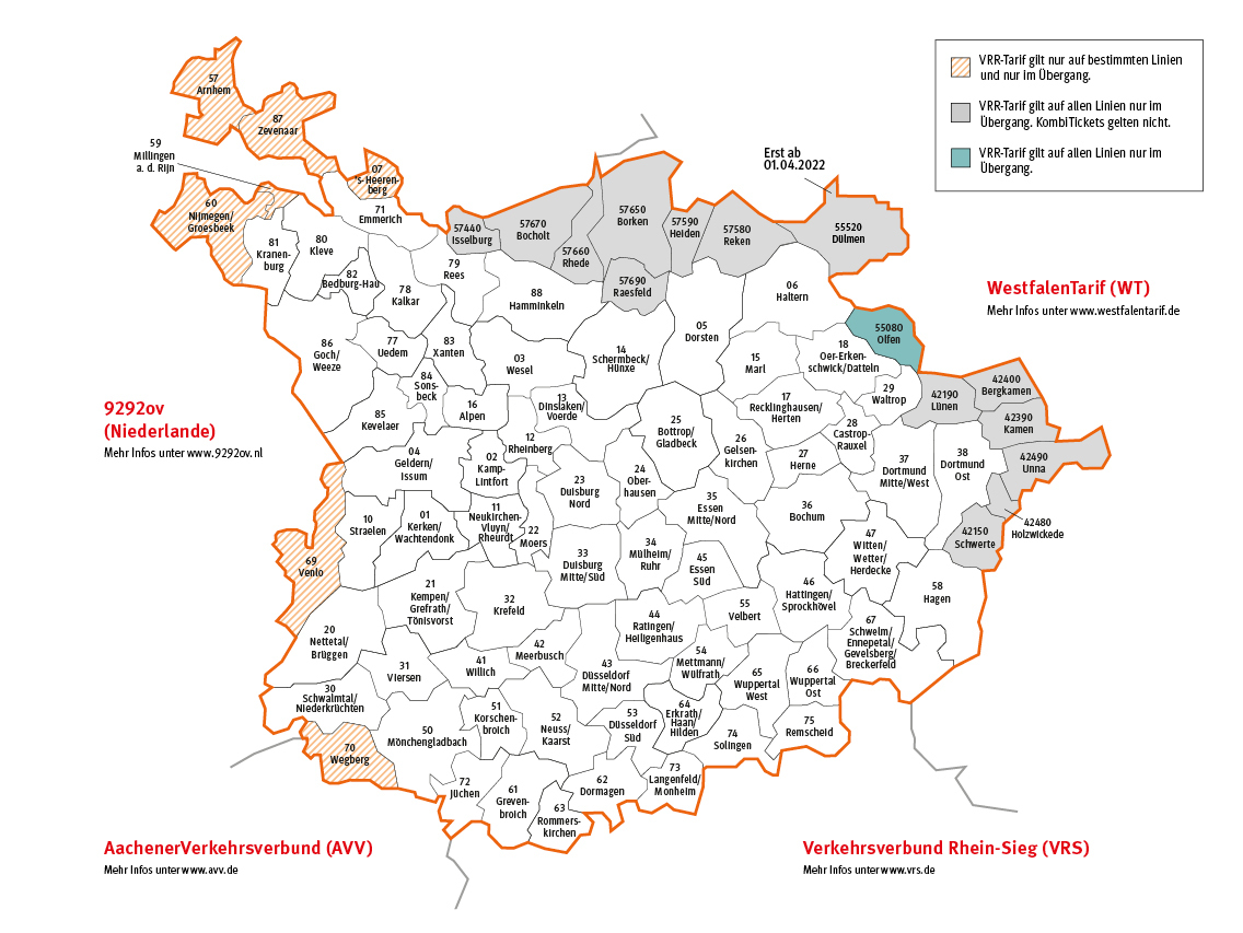 Dargestellt wird die VRR-Verbundraumkarte mit allen Städten und Tarifgebieten, die mit dem SchokoTicket befahren werden können. Die Nord-Süd-Ausdehnung erstreckt sich von Borken bis nach Rommerskirchen. Die West-Ost -Ausdehnung erstreckt sich von Venlo nach Unna.